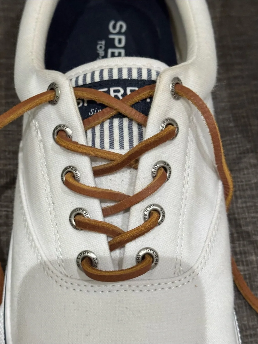 Sperry Top-Sider Men’s White Canvas Boat Shoes with Brown Rawhide Laces